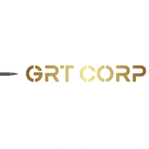 A gold colored logo with the words grt corp