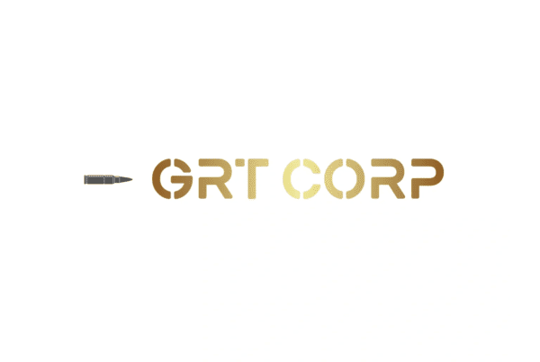 A gold colored logo with the words grt corp