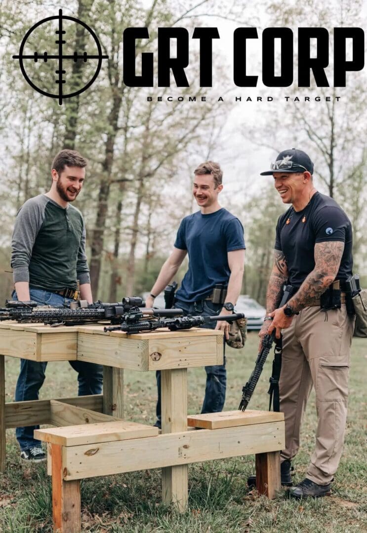 Three men are standing around a wooden table.